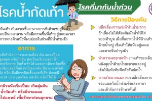 รูปภาพ : โรคที่มากับน้ำท่วม โรคน้ำกัดเท้า เกิดจากเชื้อราจากการที่เท้าแช่อยู่ในน้ำที่สกปรกเป็นเวลานาน หรือมีความชื้นที่เท้าอยู่ตลอดเวลา เป็นอาการทางผิวหนังที่พบบ่อยในช่วงที่มีน้ำท่วมขัง อาการ ผิวหนังที่เท้ามีอาการระคายเคือง คัน แดง เปื่อย และหลุดลอก หรือมีกลิ่น มักเป็นบริเวณซอกนิ้ว จมูกเล็บหรืออาจเป็นทั้งเท้าได้ และหากมีการติดเชื้อราแทรกซ้อนจะมีผื่นผิวหนังลอกคันเป็นวง ๆ หรือมีตุ่มน้ำใส หรือเมื่อมีการติดเชื้อแบคทีเรีย มักจะมีอาการปวด บวม แดงร้อน กดเจ็บ หรือมีไข้ได้ วิธีการป้องกันตัวเองจากโรคน้ำกัดเท้า - หลีกเลี่ยงการสัมผัสน้ำบ่อย ๆ หากต้องแช่น้ำเป็นเวลานานหรือเดินย่ำน้ำ ควรสวมรองเท้าที่กันน้ำได้ - รีบเช็ดเท้าให้แห้งทุกครั้งหลังเท้าเปียก โดยเฉพาะตามซอกนิ้วเท้า และหลีกเลี่ยงการใส่รองเท้าที่อากาศระบายยาก ต่อเนื่องเป็นเวลานาน - รักษาความสะอาดของเท้าอยู่เสมอ โดยการล้างเท้าและฟอกสบู่ และทาครีมให้ความชุ่มชื้นทุกครั้ง ควรตัดเล็บให้สั้น - ในกรณีที่มีเหงื่อออกมากบริเวณฝ่าเท้า อาจใช้แป้งโรยเล็กน้อยหรือยาทาลดเหงื่อ เพื่อให้ช่วยดูดซับเหงื่อส่วนเกิน - หากเกิดบาดแผล ควรหลีกเลี่ยงการสัมผัสของแผลกับน้ำขังและรีบรักษาให้หายโดยเร็ว - ปรึกษาแพทย์เมื่อมีอาการผิดปกติของผิวหนังบริเวณเท้า